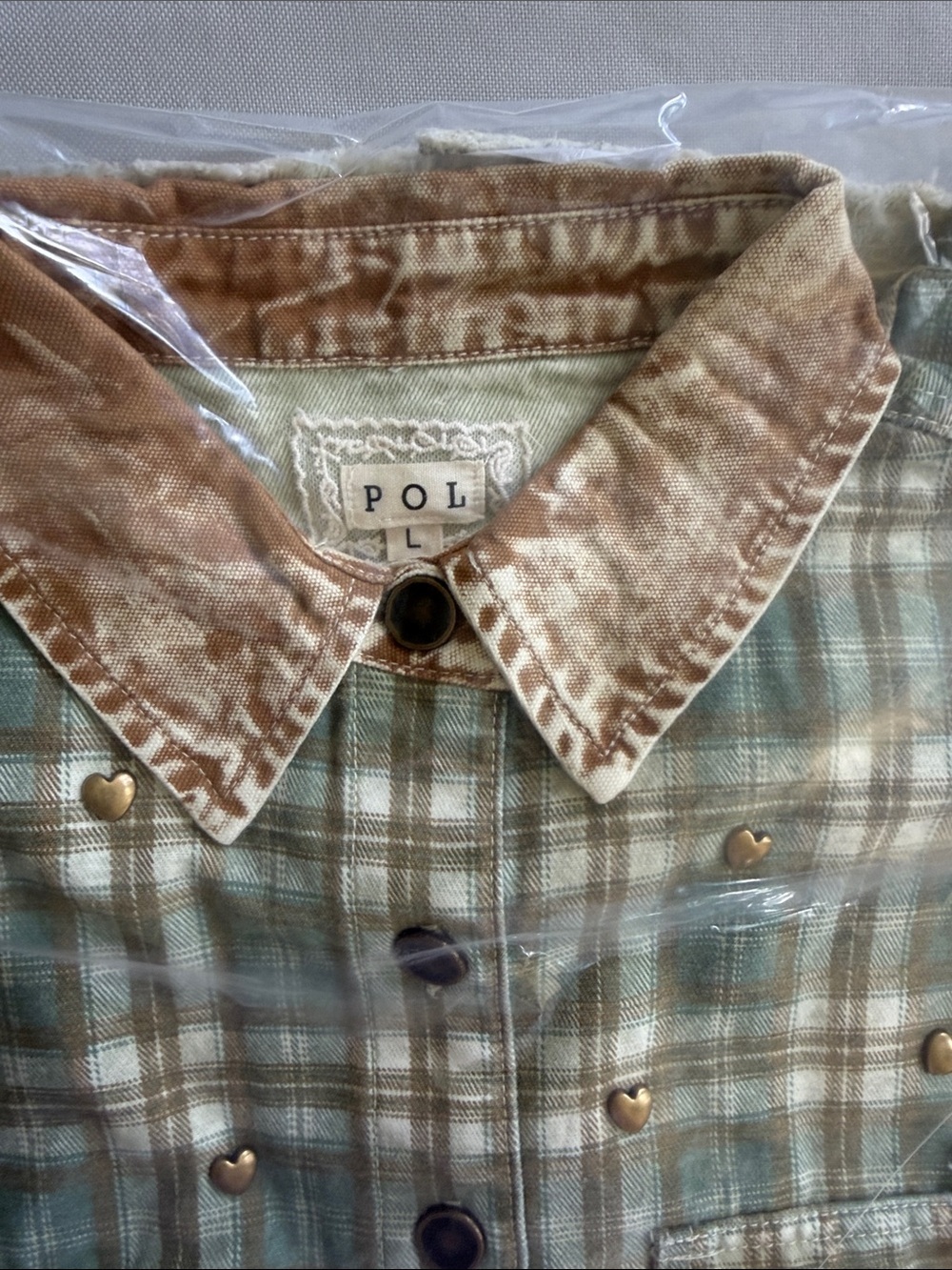 POL Heart Stud Vintage Wash Olive Green & Tan Plaid SHACKET NEW FALL WINTER - Picture 11 of 11